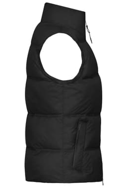A black ladies' winter vest featuring a high collar and a zippered pocket, designed without sleeves.