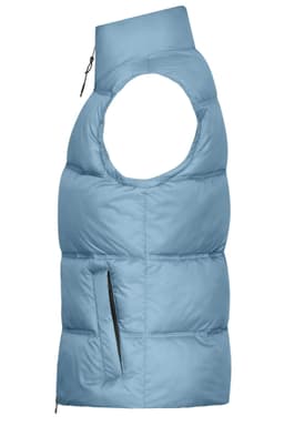 A light blue ladies' winter vest with a high collar and a side pocket. It has an oversized, sleeveless design.