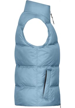 A light blue winter vest with a high collar and side pocket, featuring a sleek, puffy design.