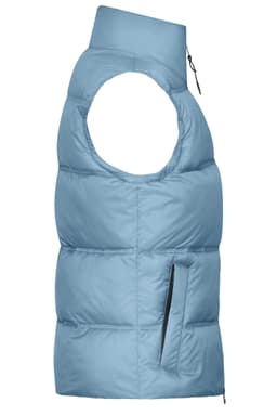 A blue ladies winter vest with a zippered pocket and high collar, featuring a puffy design.