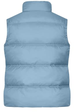 A light blue women's winter vest with a padded design and high collar. The back view shows no visible branding.