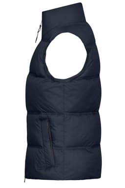 A navy blue ladies winter vest featuring a sleeveless design and a zippered side pocket. It has a logo on it.