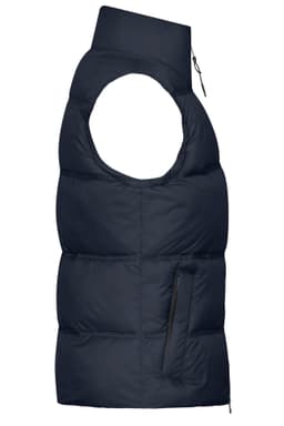 A navy blue ladies winter vest featuring a high collar and a zippered pocket on the side. It has a puffy design and no sleeves.