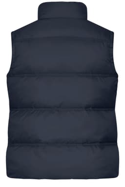 A navy blue ladies winter vest with a puffy design and high collar. It features a logo at the back.