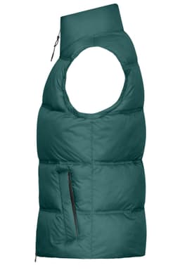 A green padded vest with a high collar and side pocket, featuring a logo.
