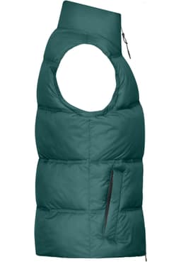 A teal ladies winter vest with a high collar and zippered pocket, featuring a sleeveless design.