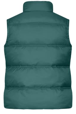 A teal ladies winter vest featuring a padded design and a high collar, with a simple branding element.