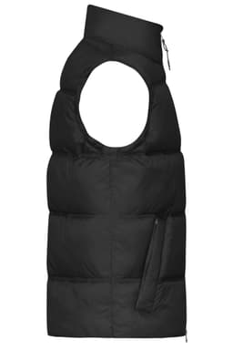 A black men's winter vest with a high collar and a side pocket, featuring a puffy design.