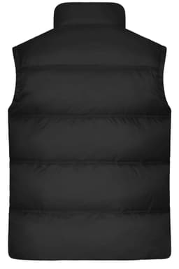 A black winter vest with a puffy design and high collar, featuring a logo on the back.