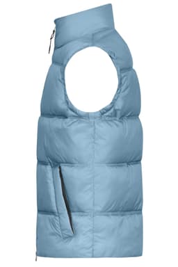 A light blue men's winter vest with a sleeveless design and a zippered side pocket, featuring branding.