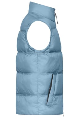 A light blue men's winter vest with a sleeveless design and side pocket, featuring a logo on the chest.