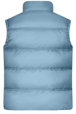 A blue men's winter vest with a soft texture and padded design, featuring a high collar and no sleeves.