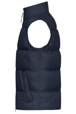 A navy blue men’s winter vest featuring a sleeveless design and a zippered pocket. It includes a logo.