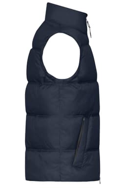 A navy men's winter vest features a sleeveless design and a zippered pocket on the side. It has a logo on it.
