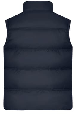 A navy blue men's winter vest with a high collar and quilted design, featuring a logo.