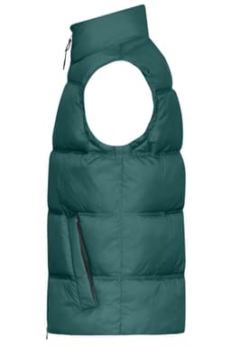 A men's winter vest in a deep teal colour with a high collar and a side pocket. It features a puffy design and a logo.