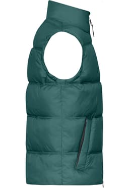 A green men's winter vest with a high collar and side pocket, featuring a puffy design and no sleeves.