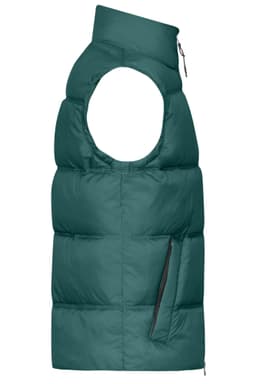 A men's winter vest in a deep green colour with a high collar and side pocket. The design features a sleeveless cut.