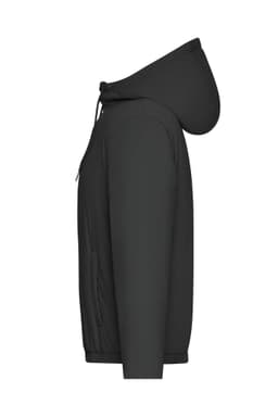 A black ladies bomber jacket with a hood, featuring a side profile view and a logo on the front.