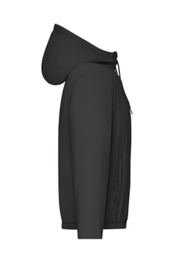 A ladies bomber jacket in black, featuring a hood and side pockets, with a logo present.