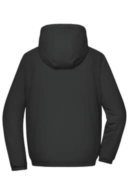 A ladies bomber jacket in black with a hood, featuring a simple design and no visible logos.