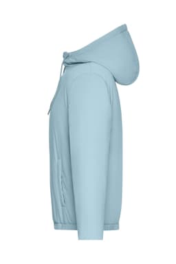 A light blue ladies bomber jacket featuring a hood and side pockets. The jacket includes a logo.