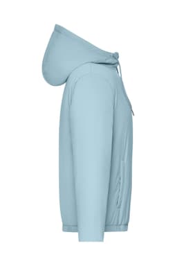 A light blue ladies bomber jacket with a hood and side pockets, featuring a logo.
