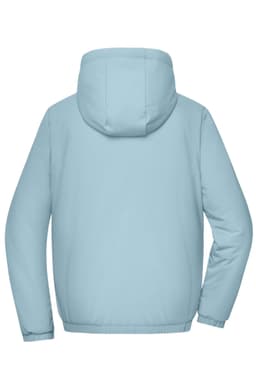 A light blue bomber jacket with a hood, featuring a smooth, padded design and a simple back view.