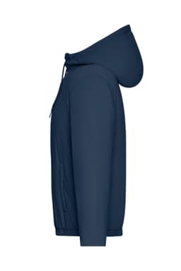 A navy ladies bomber jacket featuring a hood and zip closure, with side pockets and a logo.