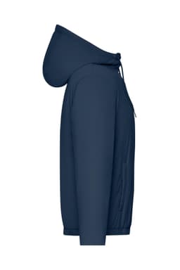 A navy ladies bomber jacket with a hood, featuring a side view and one pocket. It has a logo on the front.