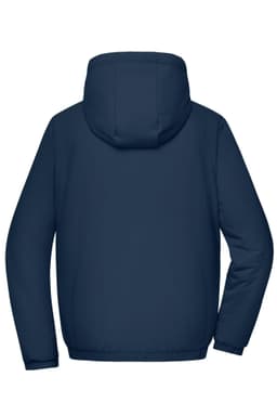 A navy blue ladies bomber jacket featuring a hood, with a simple design and no visible logos.