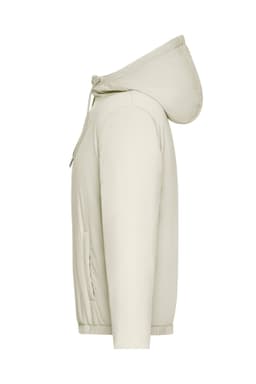 A ladies bomber jacket in a light beige colour, featuring a hood and side pockets. It has a logo on it.