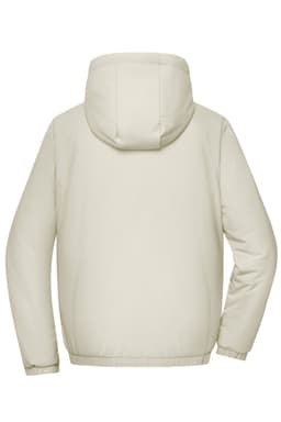 A light beige ladies bomber jacket with a hood and elasticated cuffs, featuring a logo on the back.