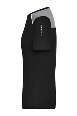 A black ladies' running T-shirt featuring a grey shoulder panel and a logo on the sleeve.