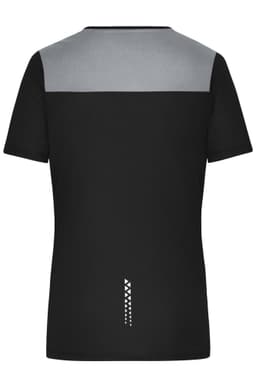 A ladies running T-shirt in black with a grey upper section and a decorative pattern on the back. It features a logo.