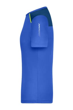 A blue ladies running t-shirt featuring a contrasting dark blue shoulder and a logo on the sleeve.