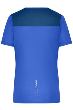 A blue ladies running T-shirt featuring a darker blue upper panel and a logo on the back.