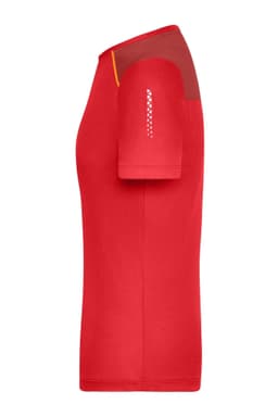 A red ladies running T-shirt with short sleeves and a fitted design, featuring a logo on the sleeve.