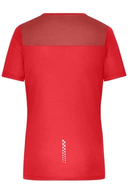 A red ladies running T-shirt with a mesh upper section and a subtle logo on the back.