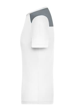 A ladies' running T-shirt in white with grey shoulder accents and a logo.