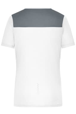 A ladies' running T-shirt featuring a white body with a grey panel on the upper back and a logo.