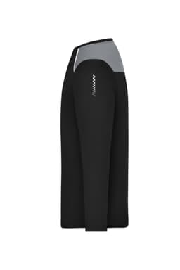 A long-sleeve men's running shirt in black with grey accents and a logo.