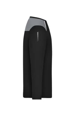 A long-sleeve men's running shirt in black with grey accents, featuring a side pocket and a logo.