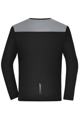 A long-sleeve men's running shirt in black with a grey shoulder design and a small logo at the back.