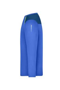 A long-sleeve men's running shirt in blue with a contrasting dark blue and yellow accent on the shoulder. It features a logo.