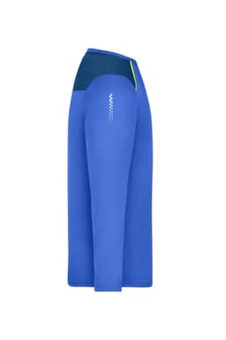 A blue long-sleeve running shirt with a contrasting navy panel and branding detail on the side.