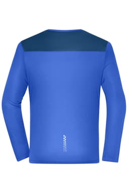 A blue long-sleeve running shirt with a dark blue shoulder panel and a branding logo at the back.