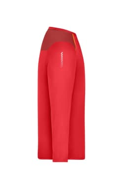 A longsleeve men’s running shirt in vibrant red with contrasting panel details and a logo.
