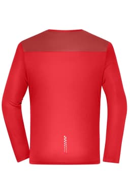 A red long-sleeve men's running shirt with a mesh upper back and a logo on the lower section.