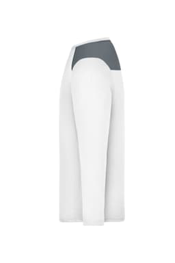 A long-sleeve men's running shirt in white with a grey panel at the back, featuring a logo.